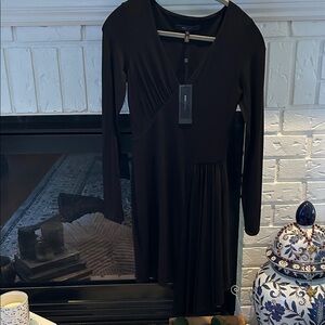 Elegant Black Long Sleeve Dress by BCBGMAXAZRIA, black jersey, asymmetric drape